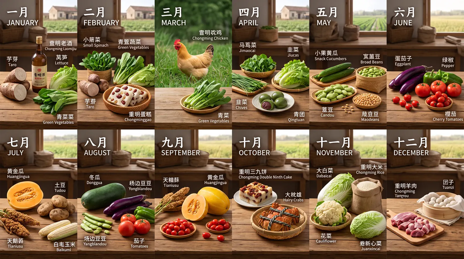 一月至十二月的崇明时令物产图